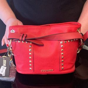 Steve Madden B Tammie Red Bucket Purse with half disc tassel hoop earrings